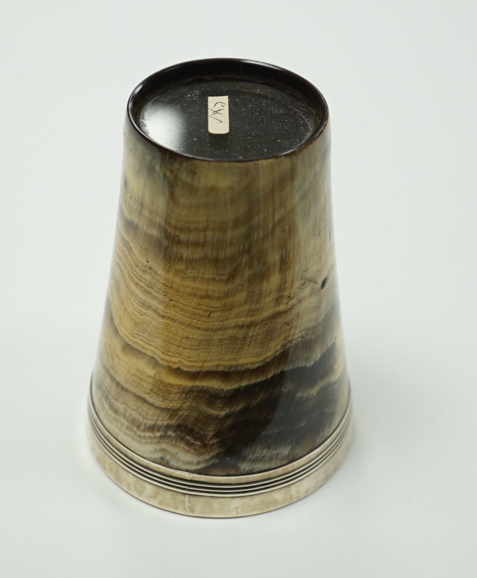 A late Victorian silver mounted horn beaker, marks rubbed, height 10.7cm.